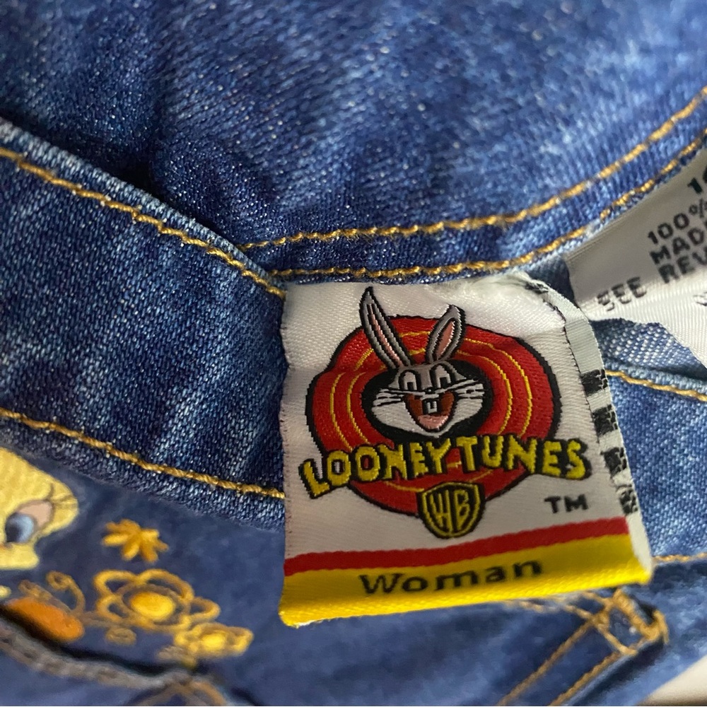 Looney Tunes Vintage Denim Short Overalls Tweety Bird Cartoon Embroidery 16W - Picture 13 of 14